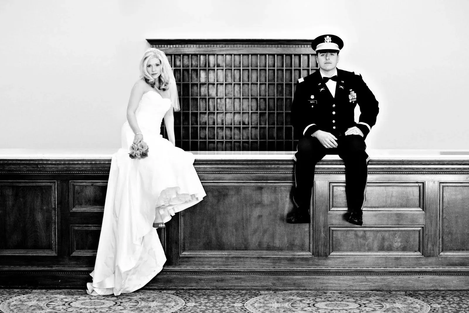 Wedding day. Mark in U.S. Army dress uniform. Mark C. Smith in U.S. Army dress uniform with Julie in her wedding gown, photographed in black and white.